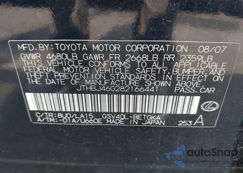 2008 Lexus Es 350 z USA, uszkodzony, nr VIN JTHBJ46G282166441